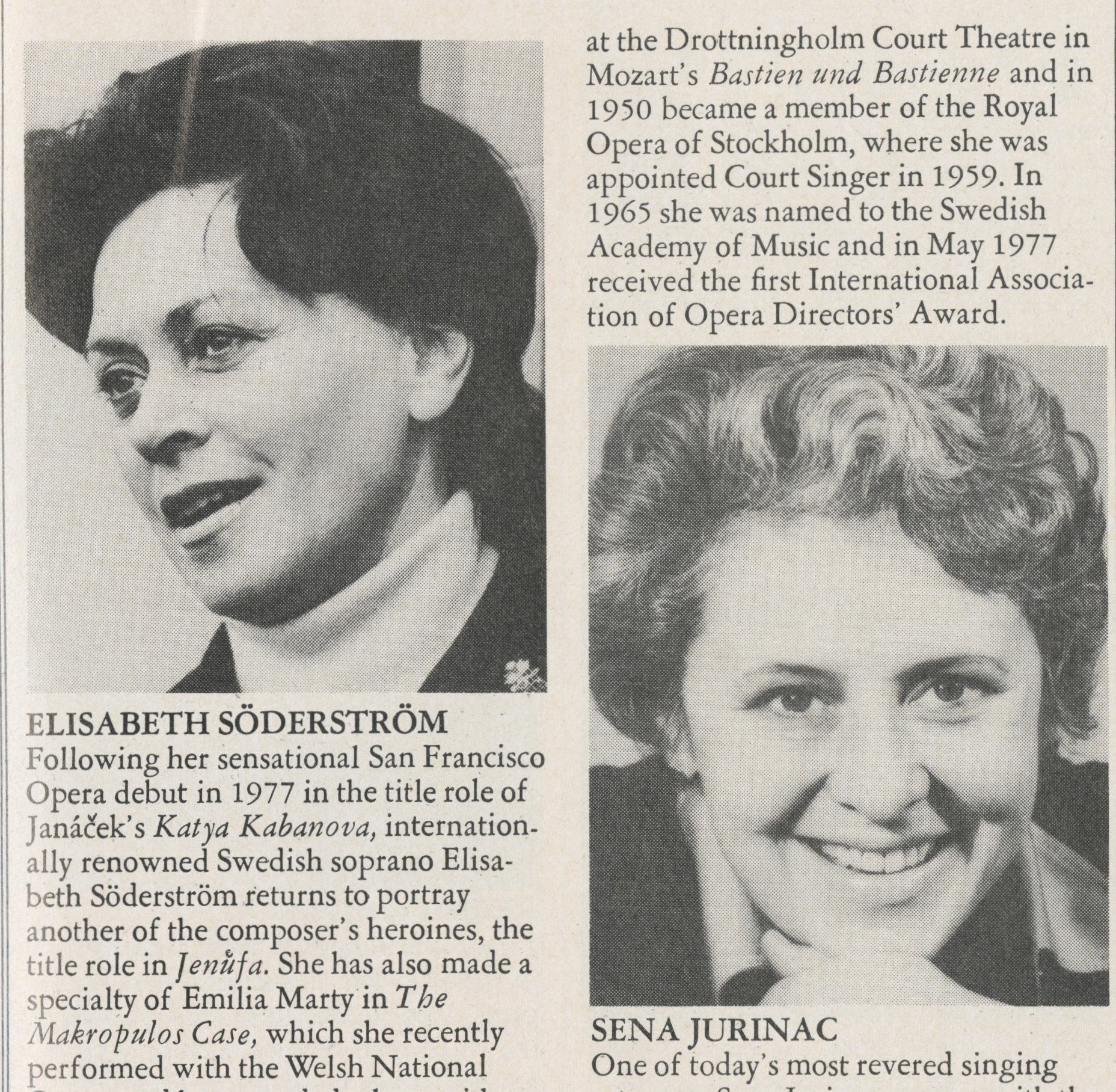 Elisabeth Söderström and Sena Jurinac 1980 newspaper clipping