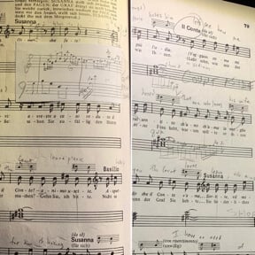 A couple of pages from Bryndon&rsquo;s score for Figaro showing how Mozart writes the continuo harmonies and then some of Bryndon&rsquo;s musical interpolations including the reference to Mendelssohn&rsquo;s Spring Song (the edit on the left). The score is the Barenreiter edition.