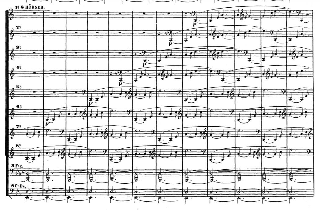 The opening to Wagner&rsquo;s Das Rheingold, showing the layering addition of all 8 horns.