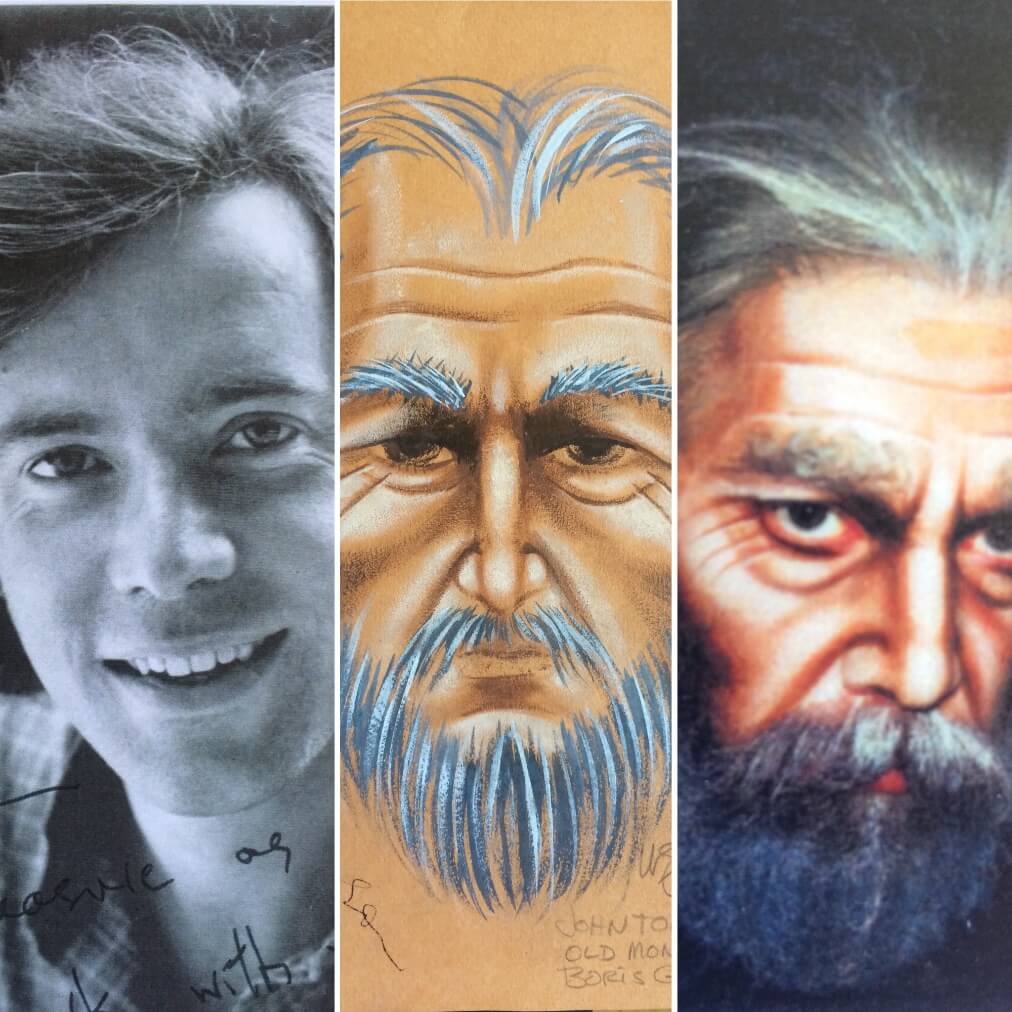 John Tomlinson being made up for the Old Monk in Boris Godunov (1983), showing the singer without make-up, the make-up design and then a transformed Tomlinson!