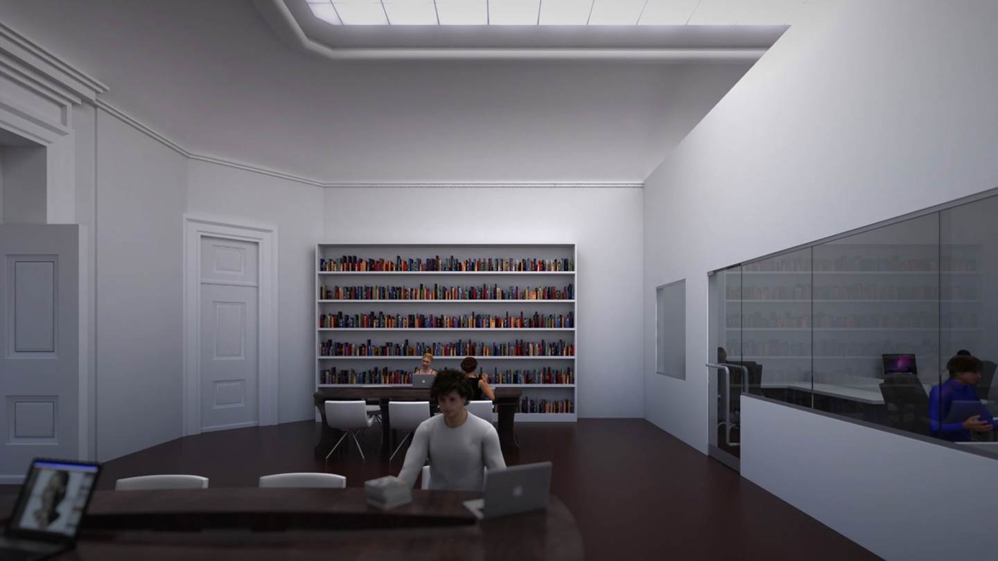 white room with a large bookshelf and artist drawing of a person at a desk with a laptop