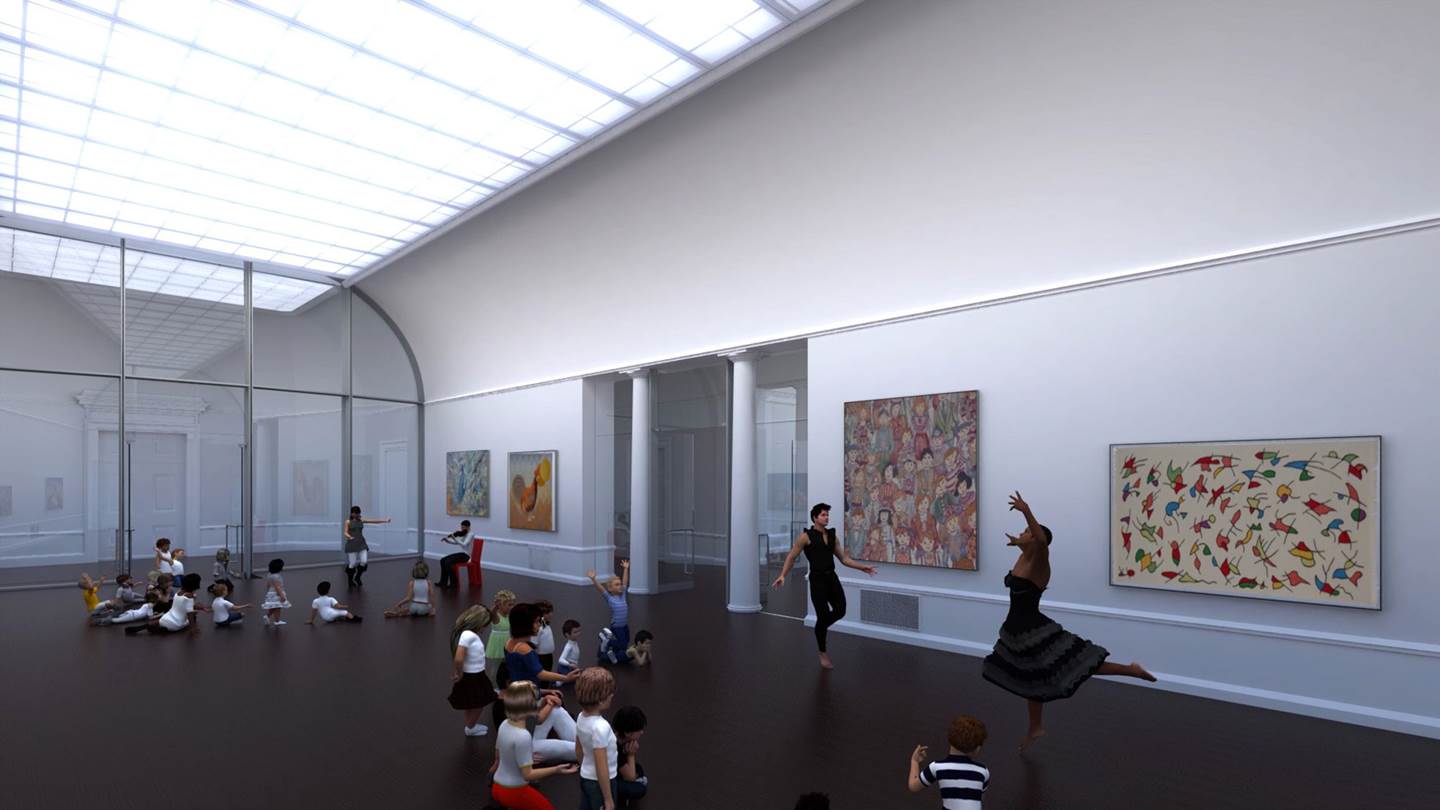 Large white room with artwork on the walls and children sitting on floor while a ballerina dances