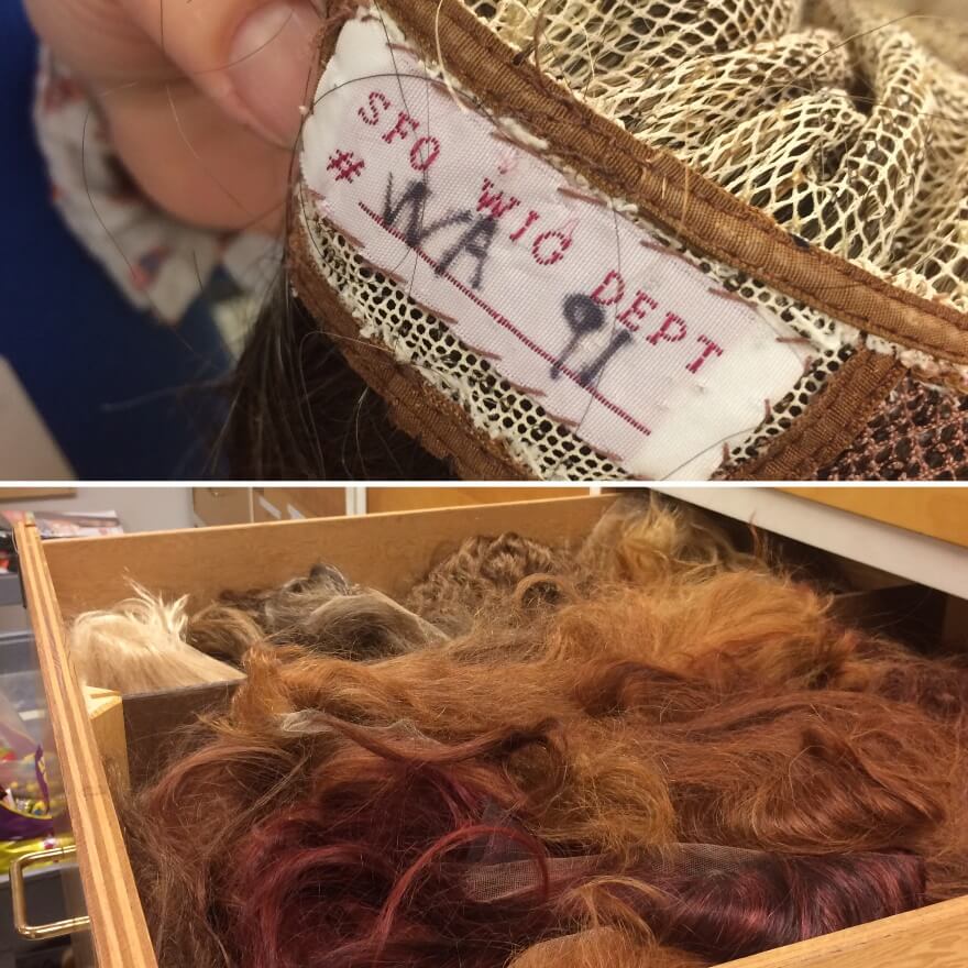 (Top): Wig labeling by numeric codes; (Bottom): a drawer of stock wigs.
