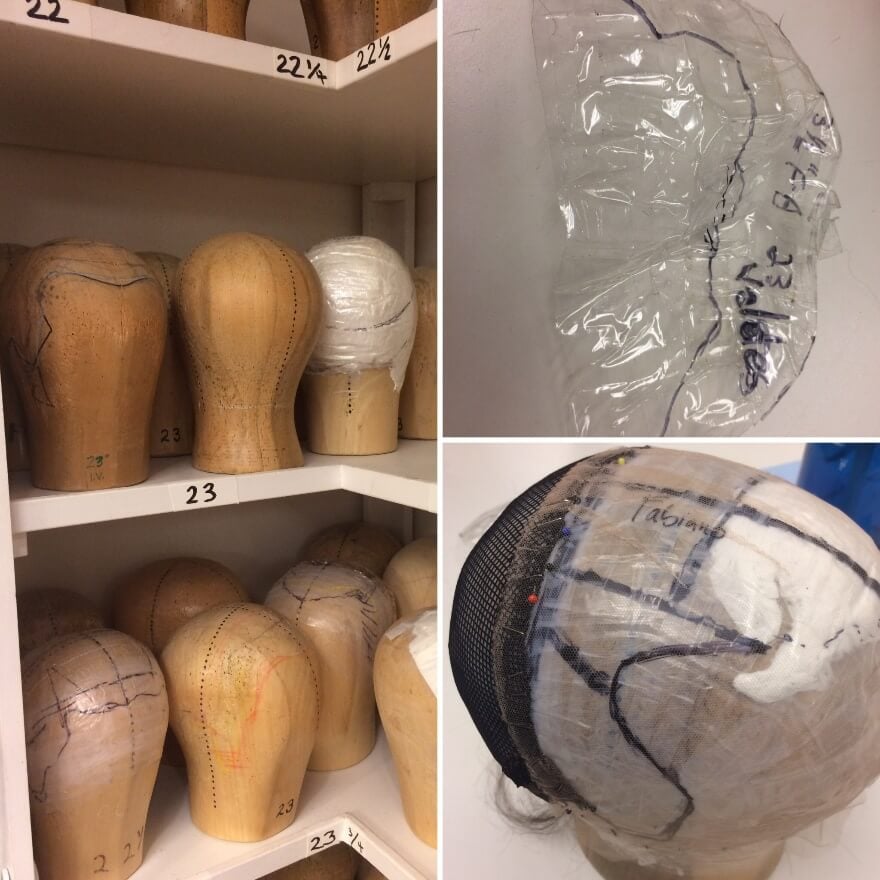 (Left): the wood-block heads; (Top-right): Maria Valdes’ cellophane hair mold; (Bottom-right): Michael Fabiano’s hair mold on a wood-block being prepped for a wig (ultimately not used).
