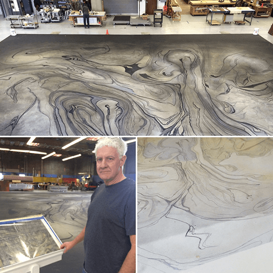 The floor for GGW (top) as painted by Steve McNally (pictured bottom left). Bottom right: A smaller sketch as ideas are tested out.