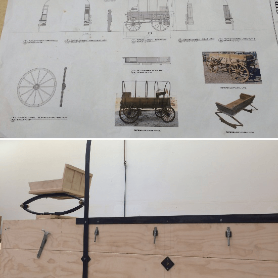 The designs and early workings on the wagon that appears in Act I