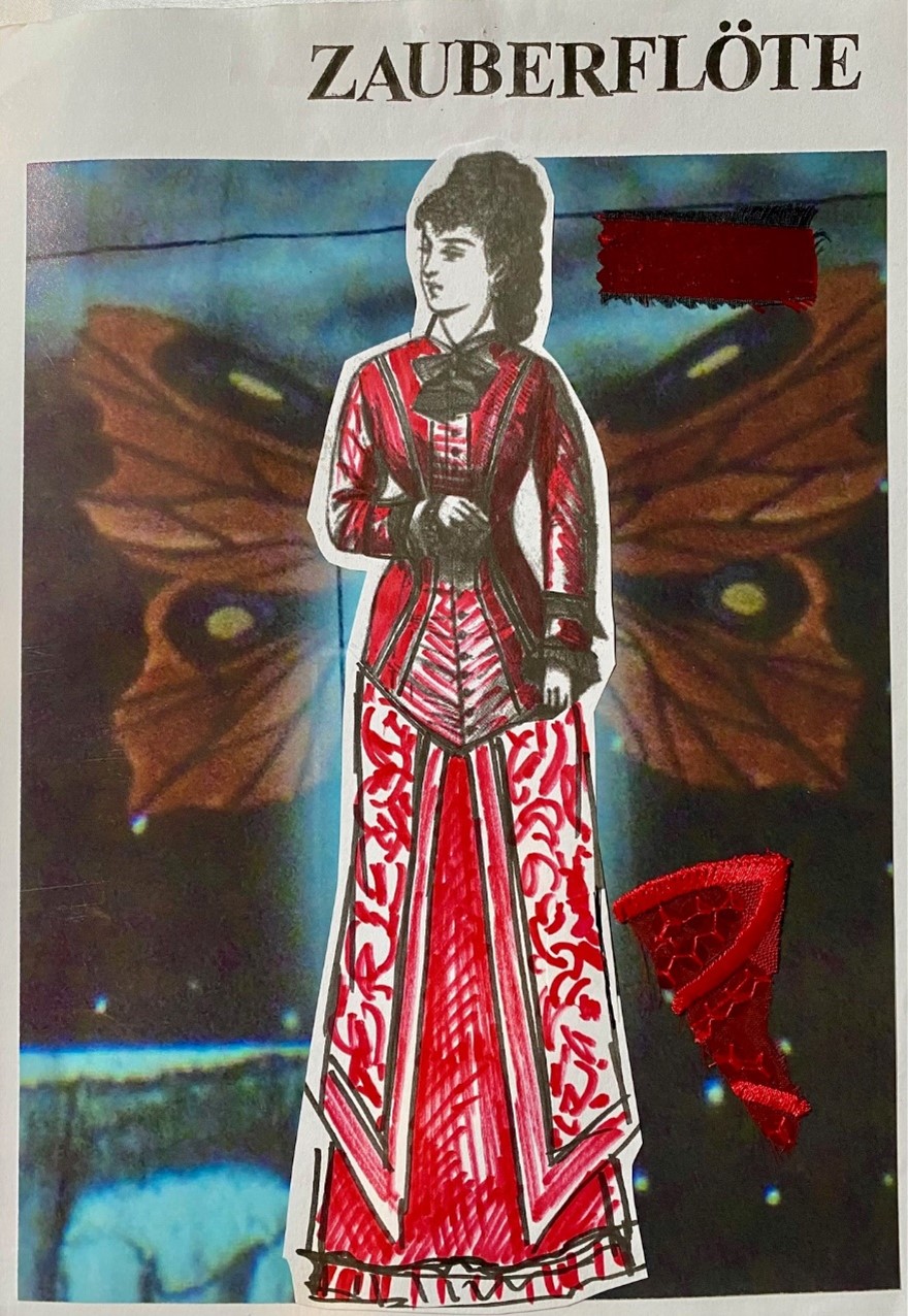Esther Bialas&rsquo; design for Pamina&rsquo;s original red dress, not ultimately used in the production.