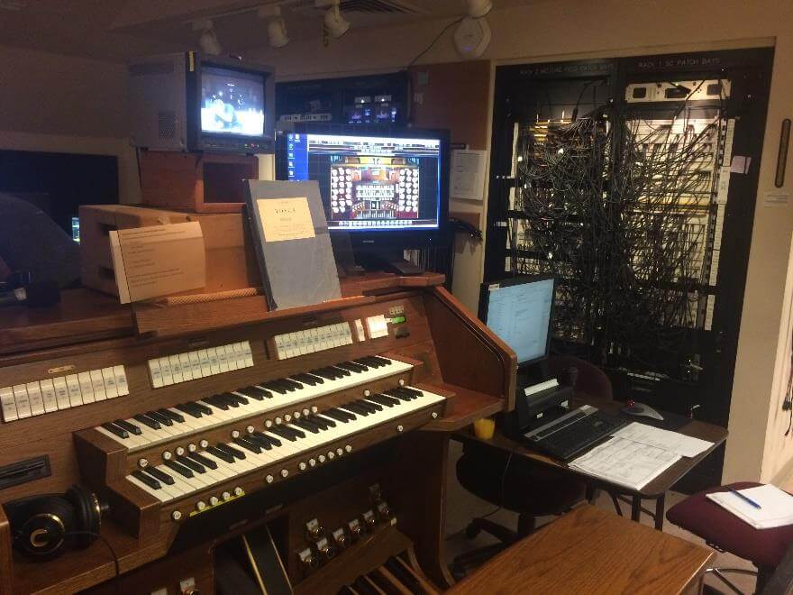 Images of the organ console in the Sound Center