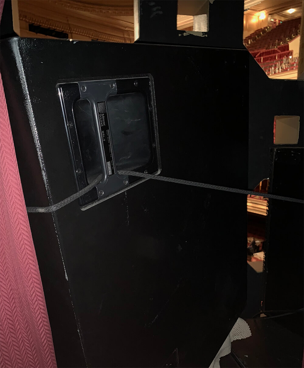 Two images of speaker locations, one in the organ bays and one in the lighting position at the top of the auditorium.