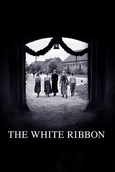 The White Ribbon film graphic of a family walking thru a tunnel in rural Germany