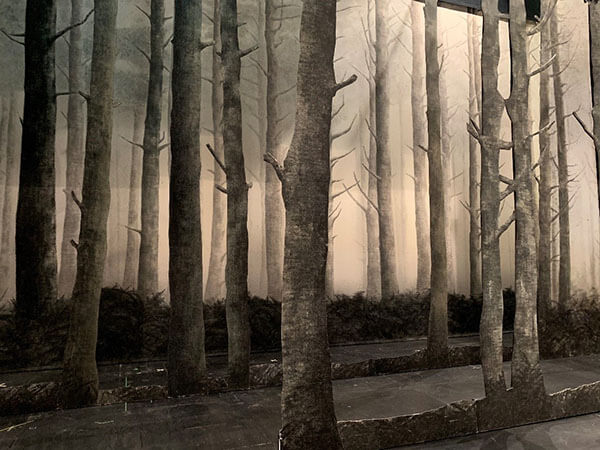 The interplay of a beautiful painted drop and cut-out trees in Act II of Hansel and Gretel.