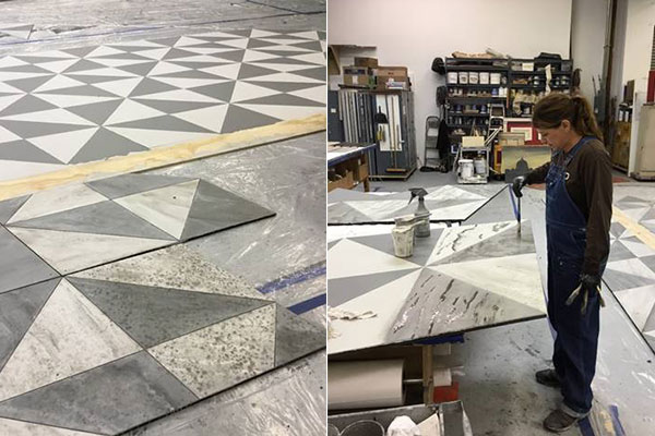 Left: The three stages of the floor painting: clean, marbled and dirtied! Right: Carrie Nardello at work on the marbleizing process.