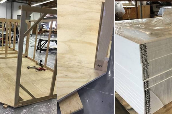 Preparations for the angel plinth in Act III. Left: the plinth structure upside down; middle: marking out the scenery on the floor; right: the Styrofoam waiting to be cut.