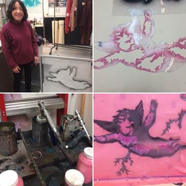 The various steps of the painting process, clockwise from top-left: Amy Van Every with the stencil cut on glass; the Mylar stencils, the cherub painted on the chiffon fabric, the air-brush paint sprays.