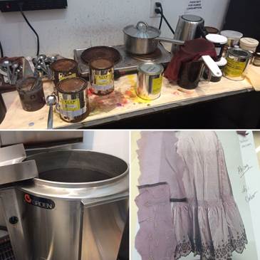 The tools of the dyeing process: top: the various dyes used by Amy; bottom left: the dye vat; bottom right: color matching Ah Sing&rsquo;s costume against the design.