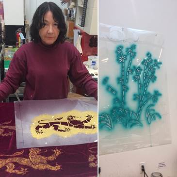 Other works in process: (l) the lion stencil and painted prototypes for one of Dame Shirley&rsquo;s costumes in Girls of the Golden West; (r) one of the stencils for the Turandot costume. Below: the cartoon for the lion stencil.