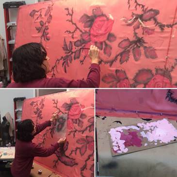 More steps of the process as Amy applies hand-painted detail to the fabric using acrylic paints.