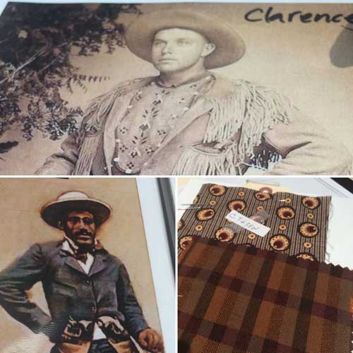 Costume research for Clarence and Ned, along with fabric swatches for Ned&rsquo;s costumes.
