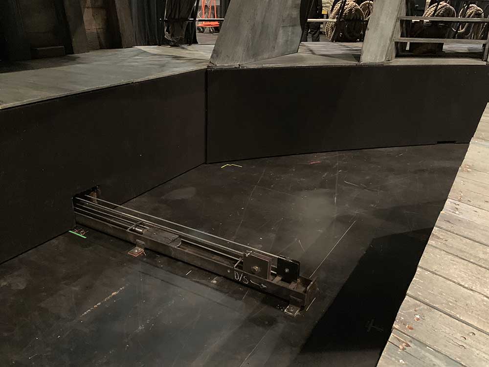 The hydraulic system that tracks the ship onstage and offstage. When the ship is pushed back, we refer to this area as “the moat”.
