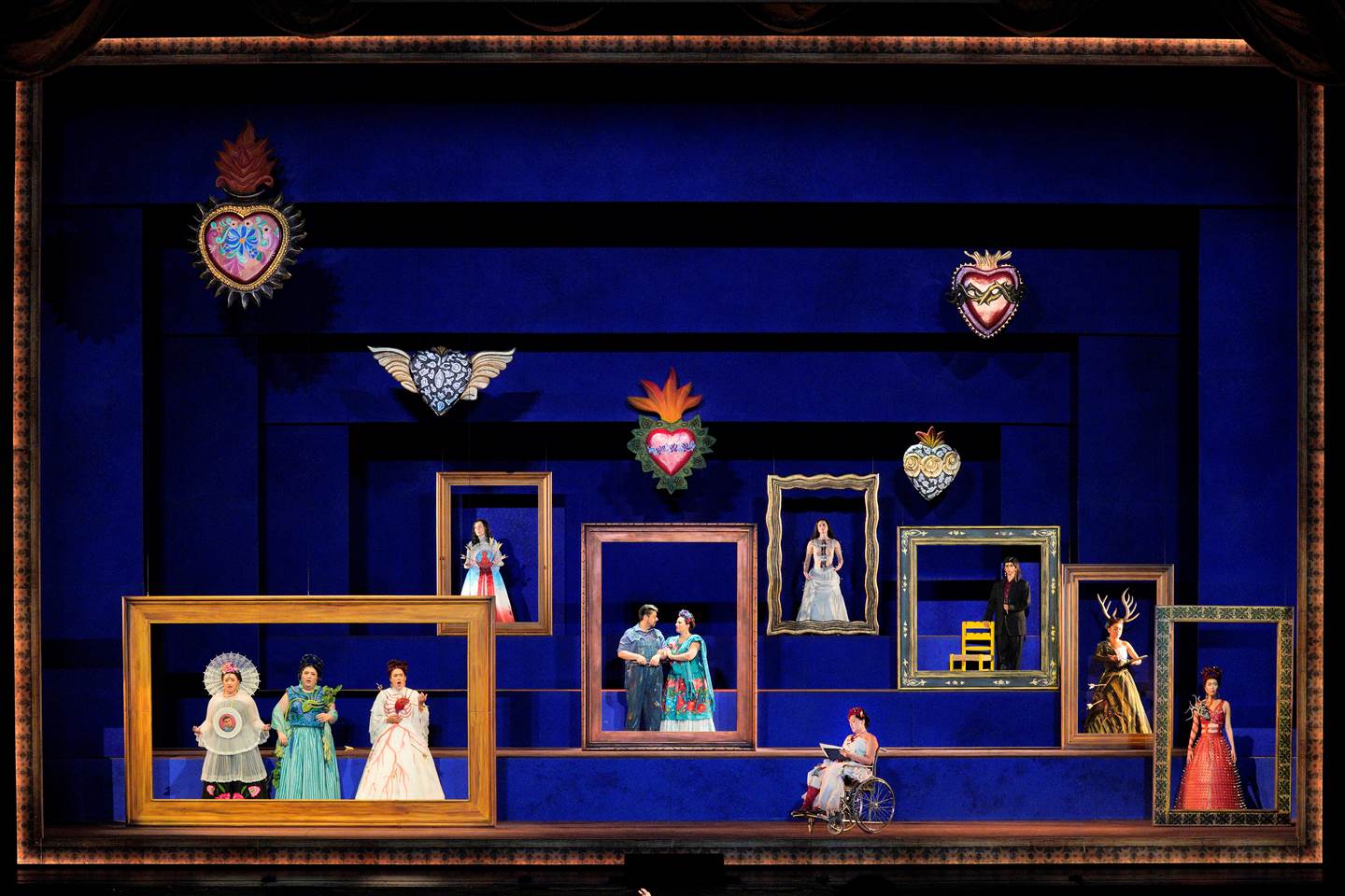 Scene from Frida with various actors standing separately in picture frames.