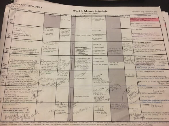 A daily schedule (note the helpful color coding for each opera!)