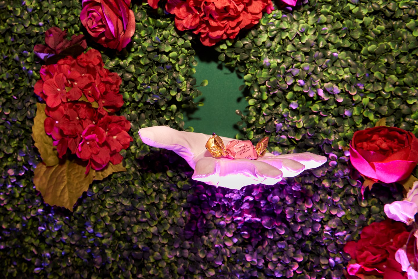 A wall of flowers with a hand coming out with a piece of candy