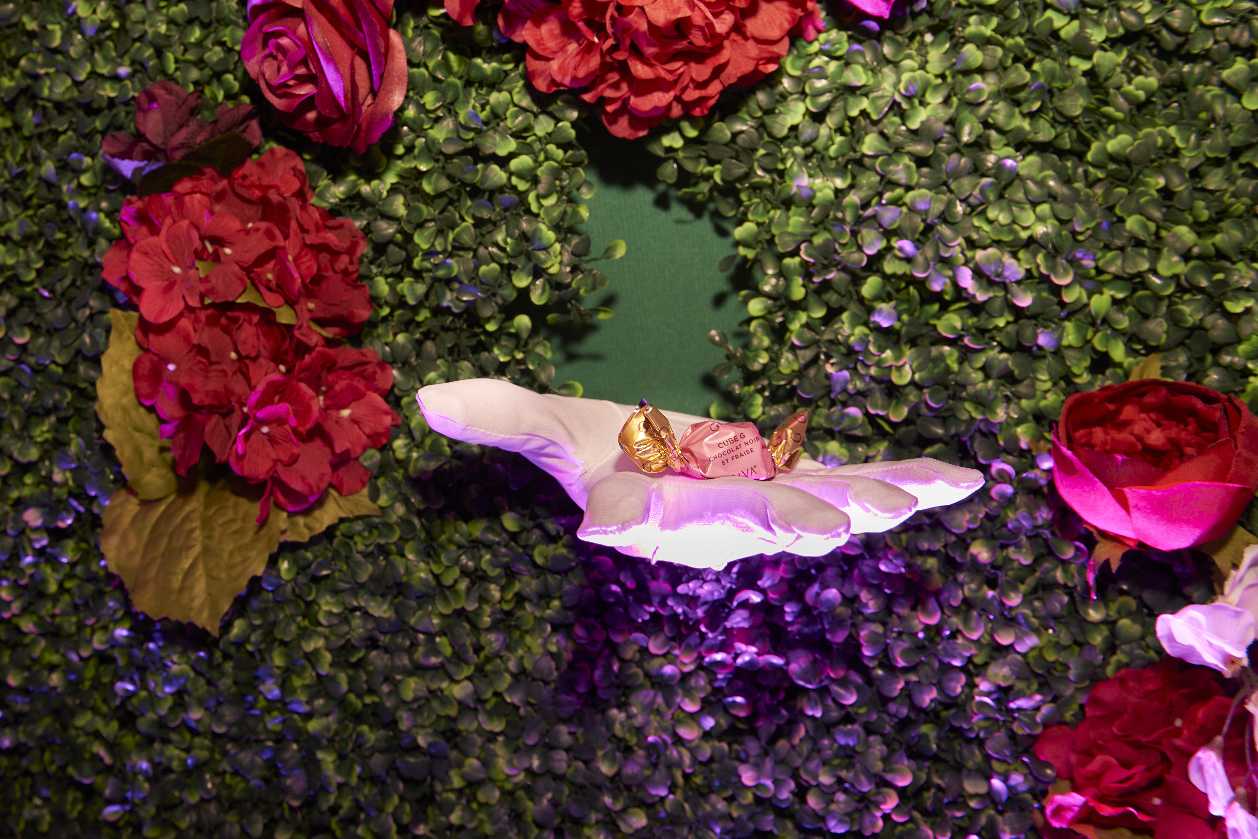 A wall of flowers with a hand coming out with a piece of candy