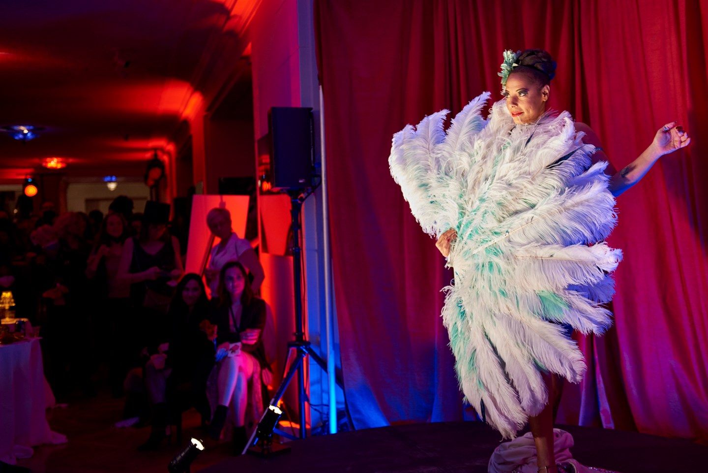 performer on stage with a large feather fan covering their body