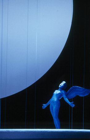 angel singing under a large blue moon