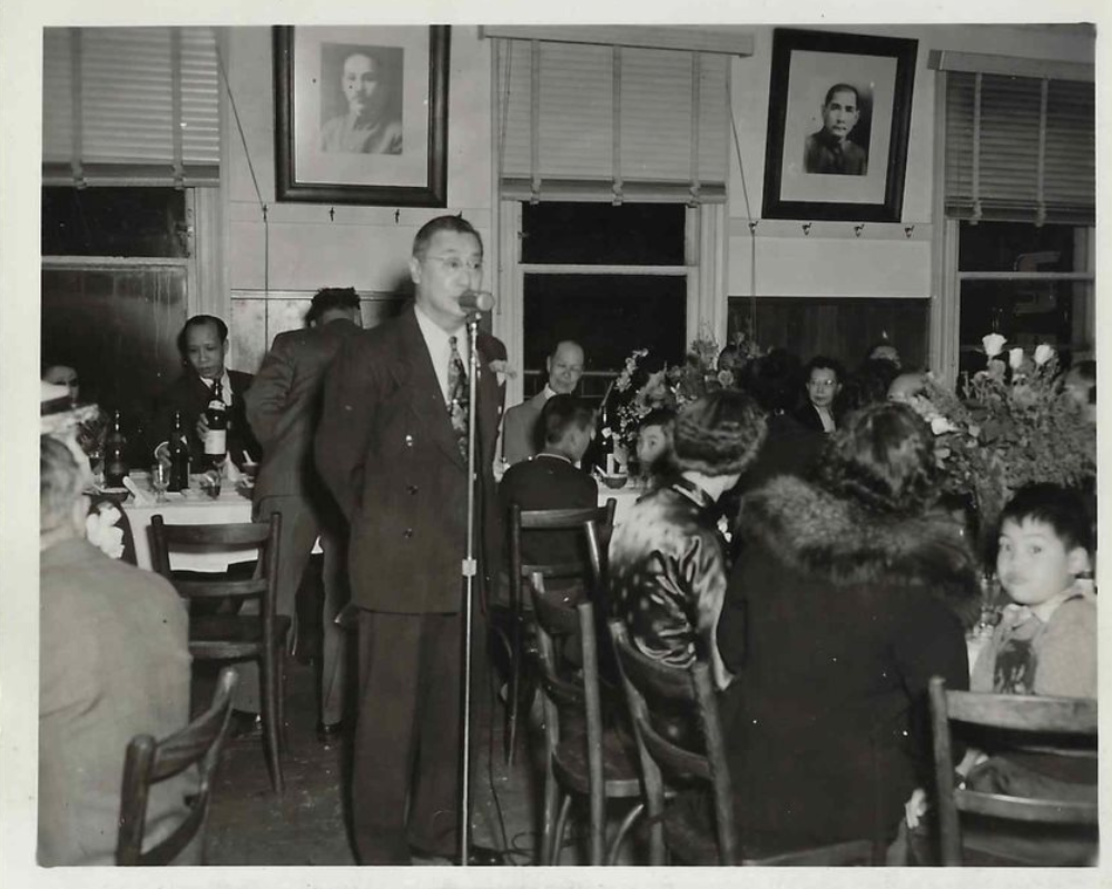 Gung Gung speaking at an Association meeting in San Francisco Chinatown. The Associations were involved both in international and domestic politics, including early civil rights efforts in America. 