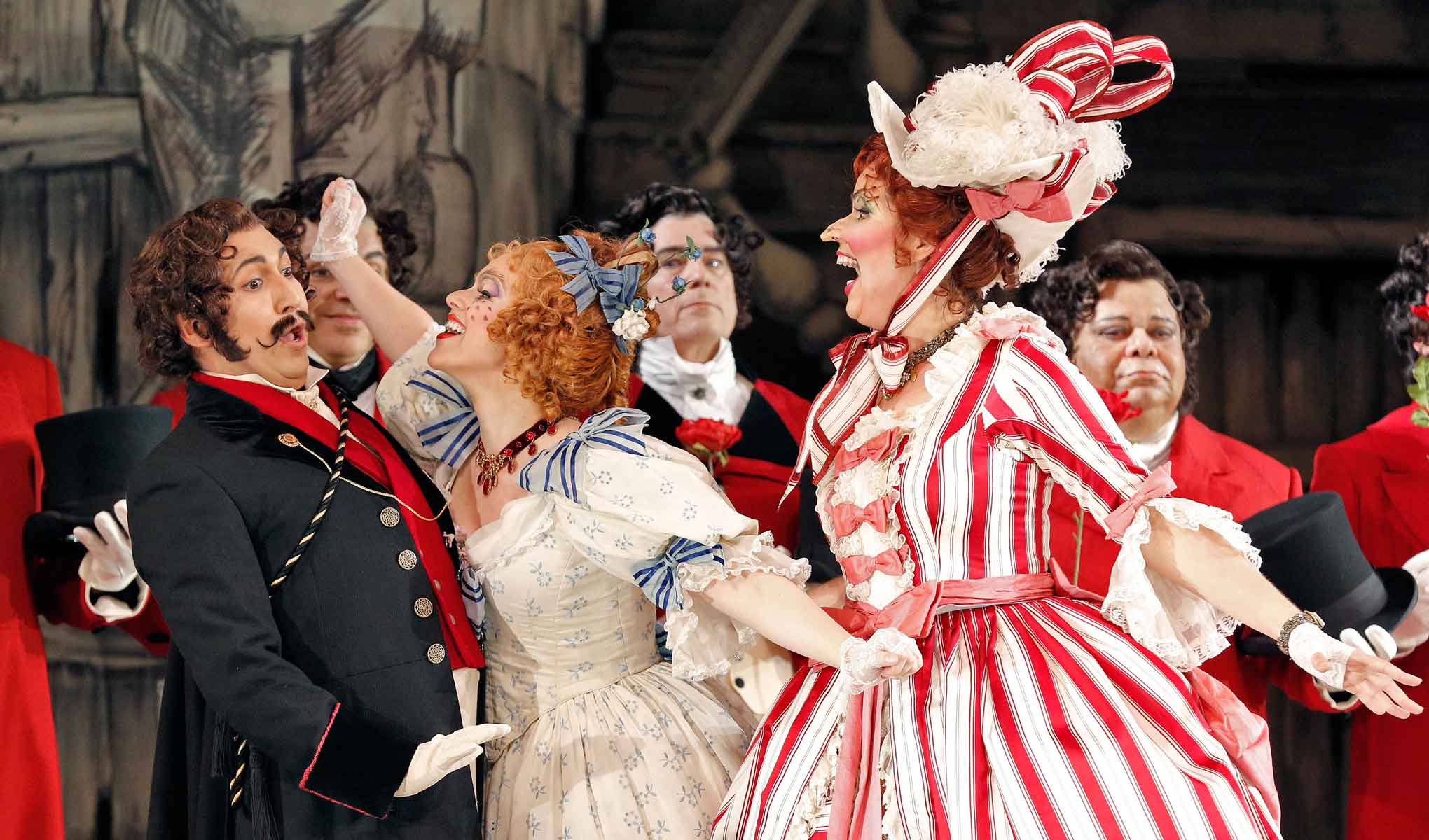 Efraín Solís as Dandini, Maria Valdes as Clorinda, and Zanda Svēde as Tisbe in our 2014 production of Cinderella. ©Cory Weaver/San Francisco Opera
