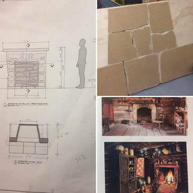 Early research into the fireplace including stonework prototypes.
