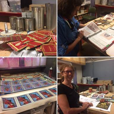 Clockwise from top left: the raw materials for the shingles; Lori Harrison looking through canning research; Sarah Shores; replica labels being manufactured.