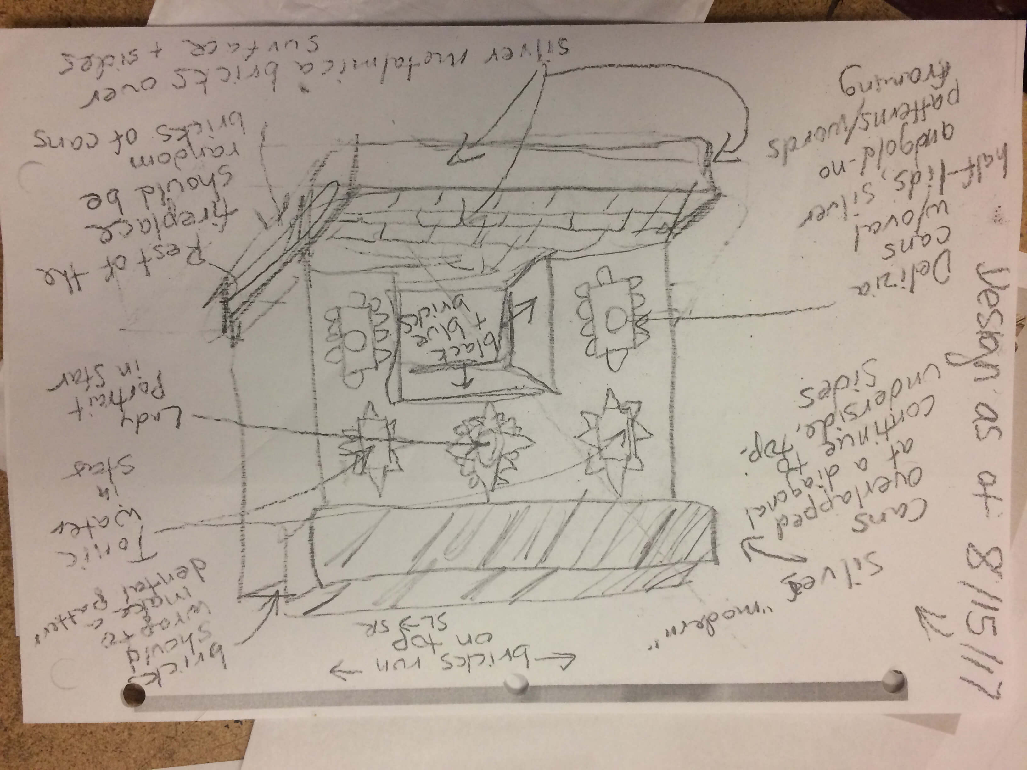 Sarah’s sketches for the fireplace, building off discussions with designer David Gropman.