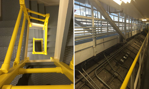 (l) the stairs accessing the roof of the Veterans Building; (r) the 'lay light' system for the Bryan Education Studio up in the ceiling.