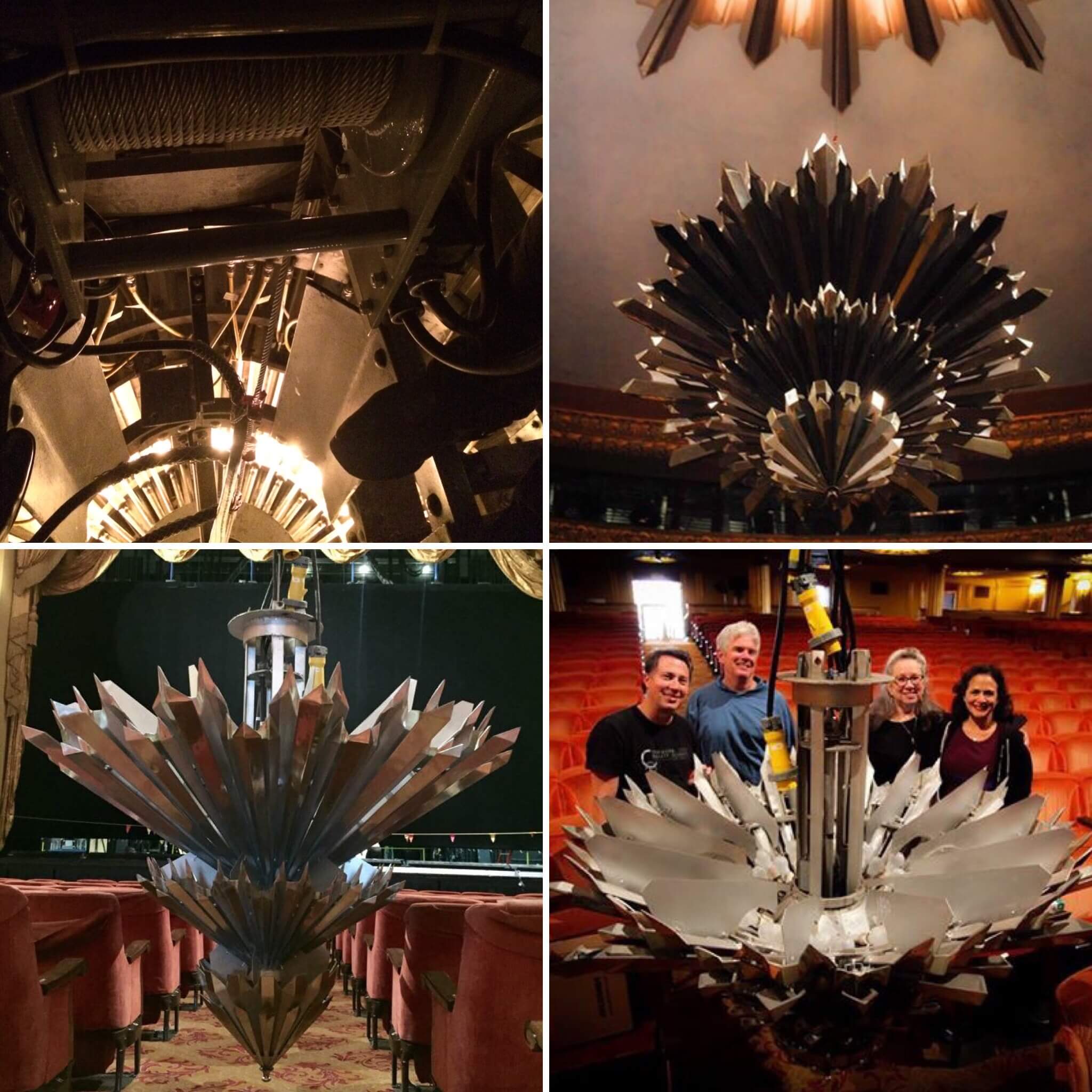 The descent of the chandelier tip. Clockwise from top left: the winch motor; the tip leaves the &lsquo;mother ship&rsquo;; a safe landing; the team gets to work (pictured with lighting designer Patty Ann Farrell). Photos courtesy John Boatwright and Ellen Presley.