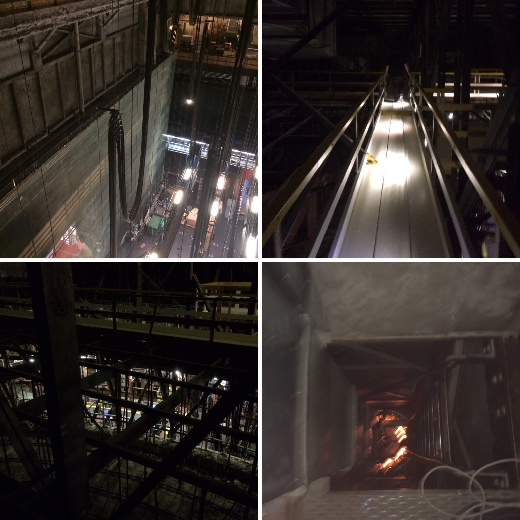 Accessing the chandelier shaft via the intricate catwalk system above the ceiling of the auditorium.