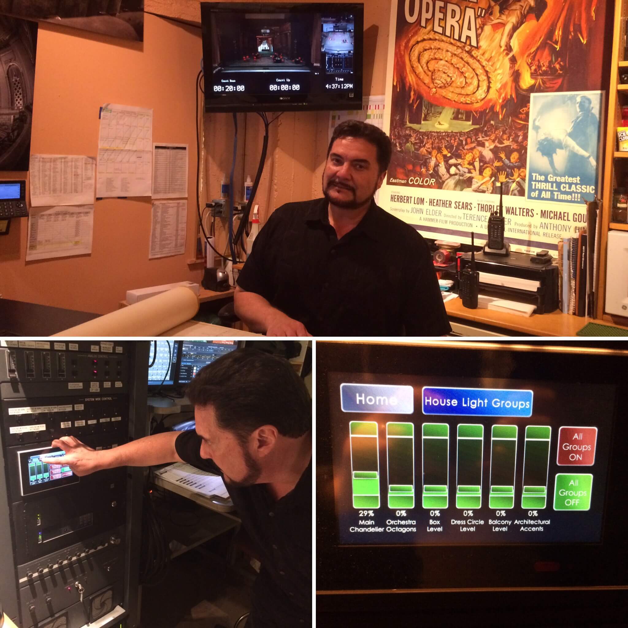 John Boatwright in his office; lower pictures: controlling the house chandelier in more modern ways.
