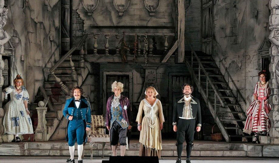 Maria Valdes, Efraín Solís, Carlos Chausson, Karine Deshayes, René Barbera, and Zanda Svēde in our 2014 production of Cinderella. ©Cory Weaver/San Francisco Opera