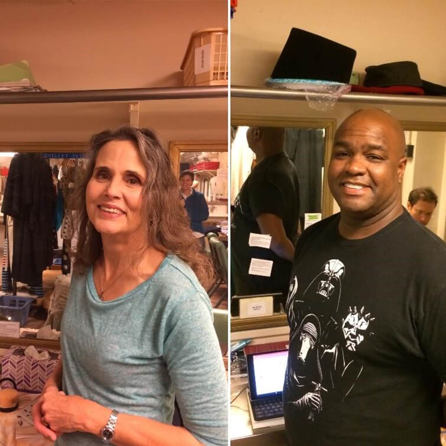 Shelley Seitz and Michael Belle in their dressing rooms before dress, wig and make-up calls for Butterfly.