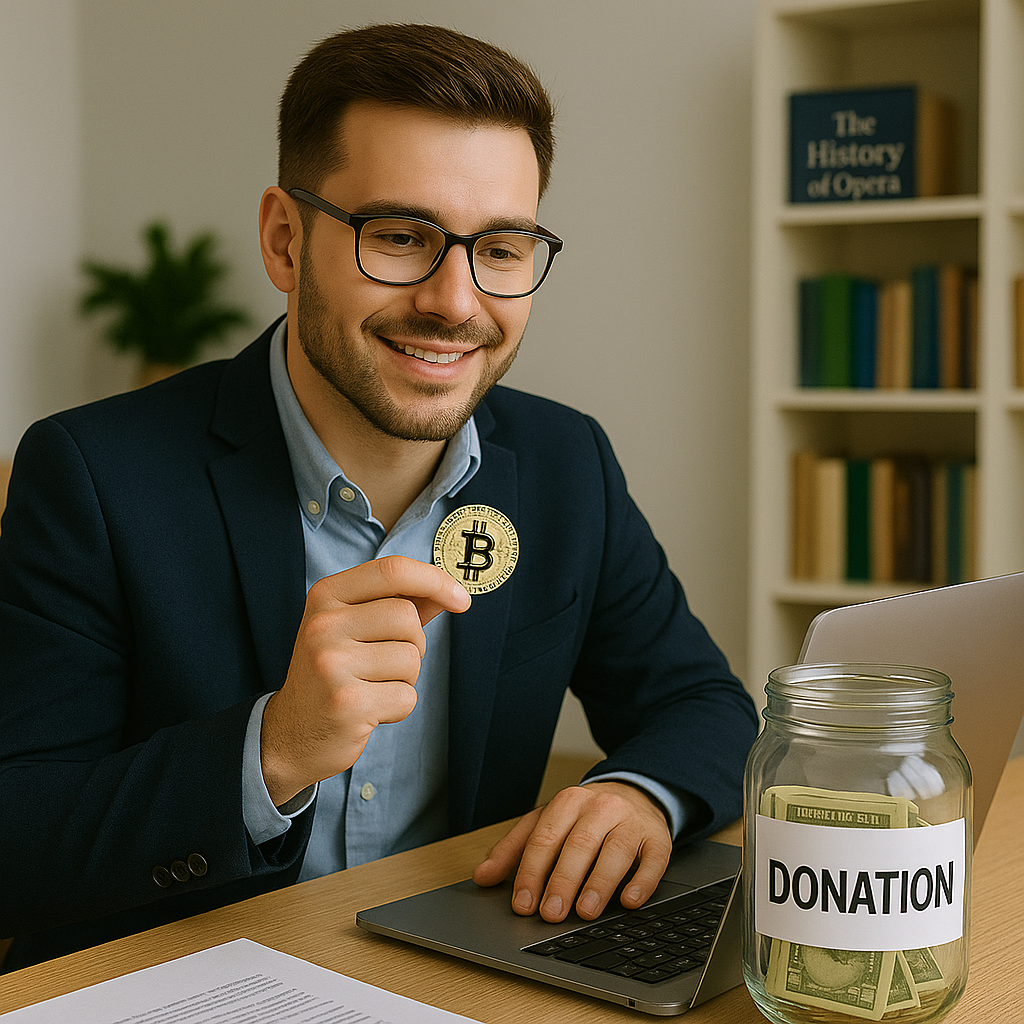 man with glasses wearing blue jacket and blue shirt is holding what appears to be a bitcoin in front of his laptop and a jar with a label on it that reads the word, Donations.