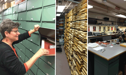 Carrie Weick in the stacks of the orchestra library, pulling out a part of Ballo in Maschera.