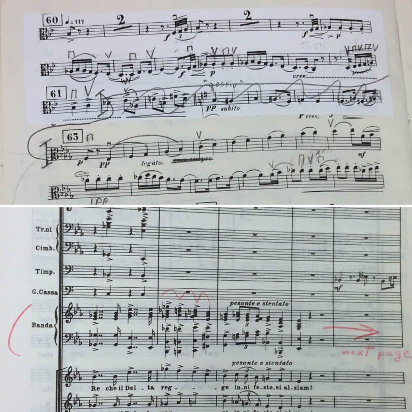 Examples of Carrie’s work this fall. On top, an example of an insert to a part of Butterfly; below an indication of Verdi’s writing for ‘banda’ in Aida—without any instrumentation listed.