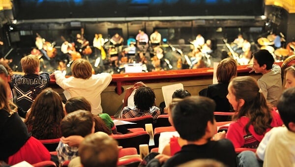 Students watching the orchestra practice.