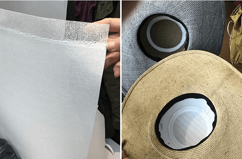 Buckram fabric used to create the crowns, seen inside a straw hat (right). The gray hat above uses a stiff burlap-like fabric base.