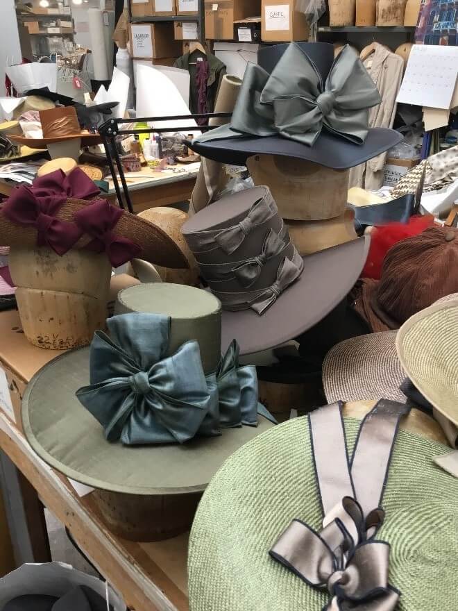 The array of fabrics used in Paula&rsquo;s hats for Tosca.