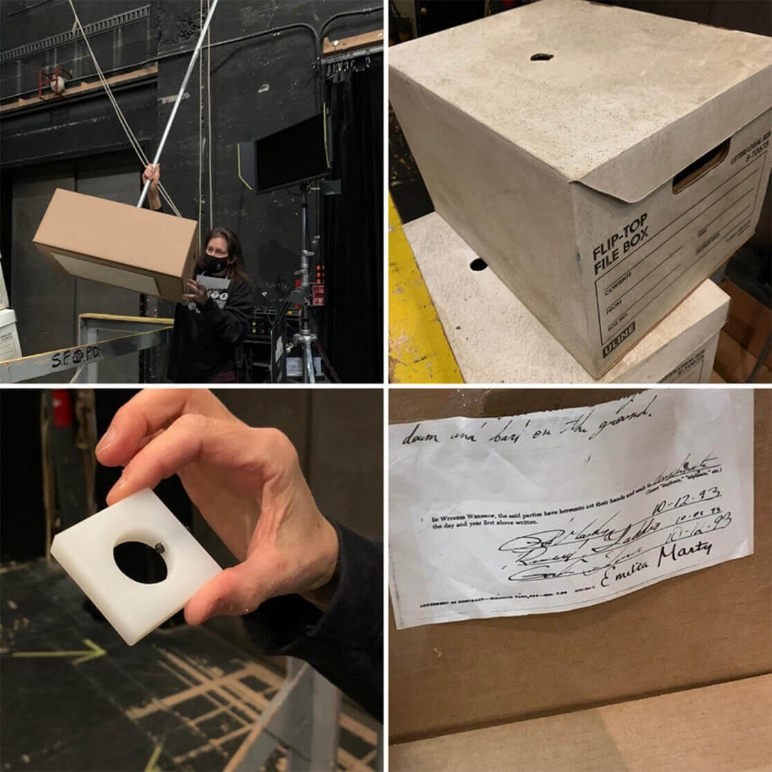 Manufacturing the stacks of boxes used in Act II.