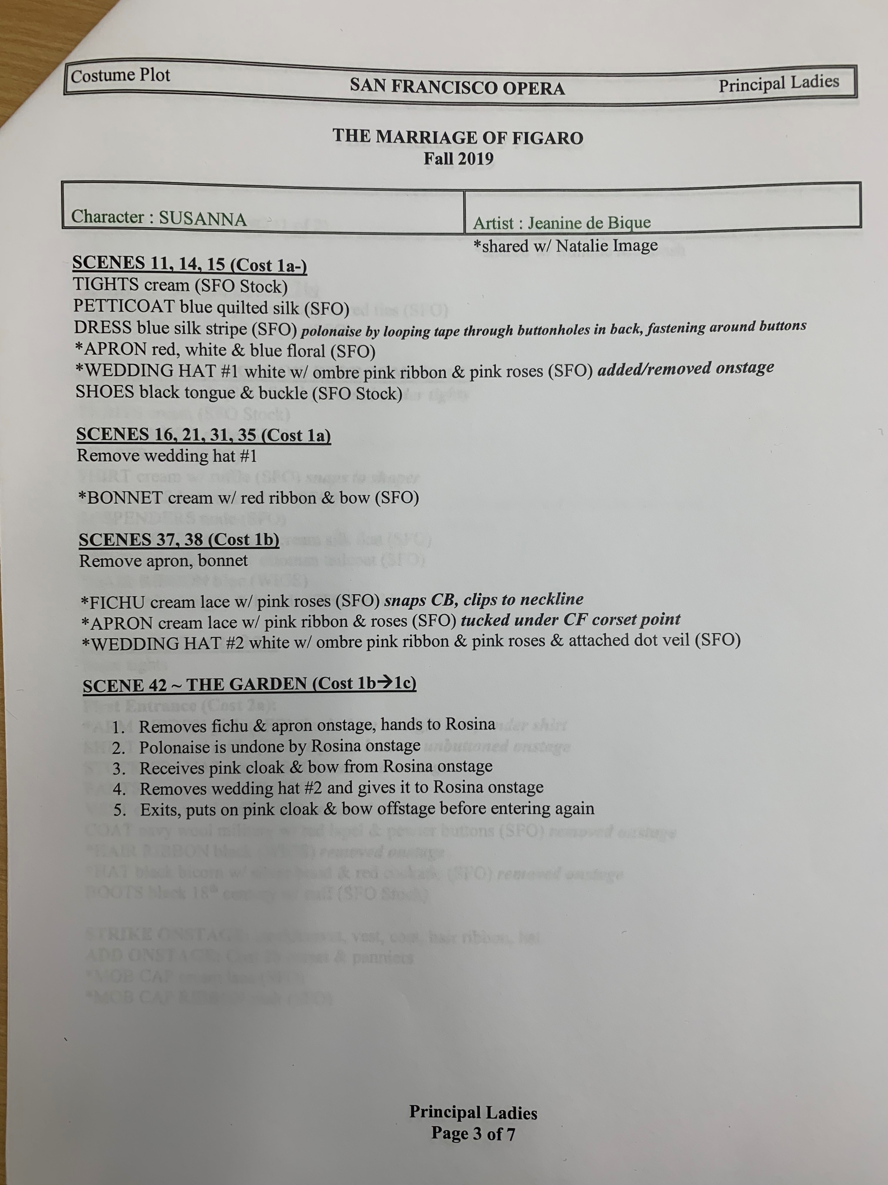 Examples of costume plots, listing out all costume pieces worn by Susanna and the Count, compiled by Galen Till.