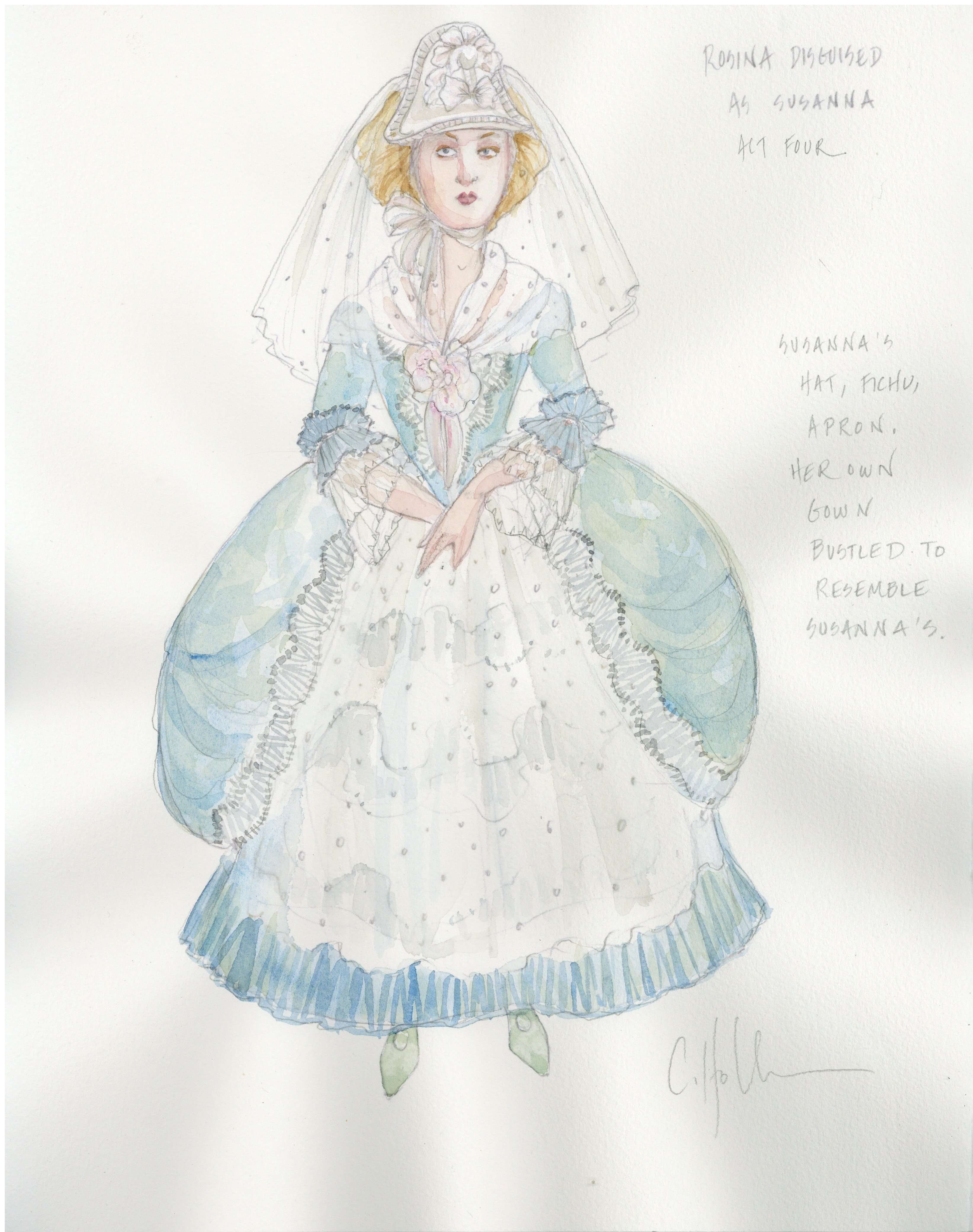 Original design sketches of the Countess (left) and Susanna (right) in their Act IV look-alike costumes