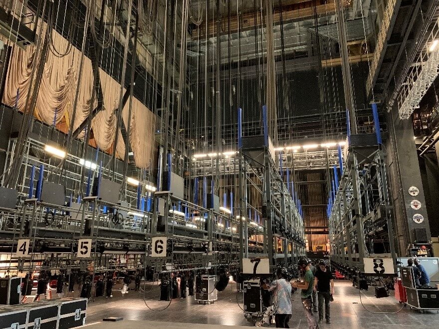 Scenes from load-in of Tosca: our incredible stage crew, hanging the lighting instruments (we have eight lighting bridges), and loading in the scenery.